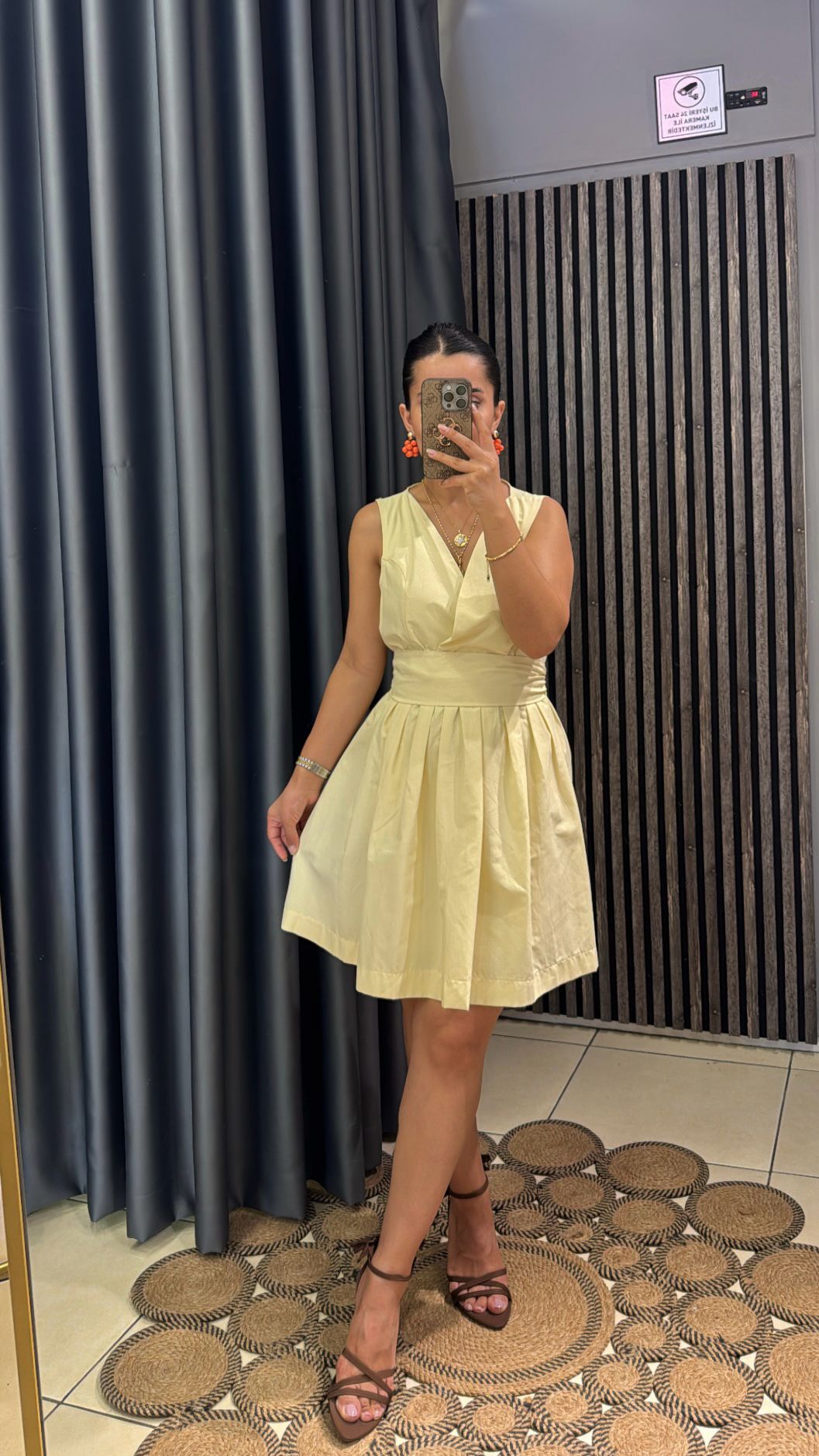 Sarı Poplin Mini Kuşaklı Elbise 